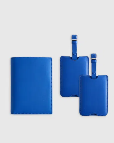 Quince Nappa Leather Rfid Blocking Passport Holder & Luggage Tags Set In Blue