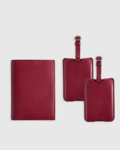 Quince Nappa Leather Rfid Blocking Passport Holder & Luggage Tags Set In Burgundy