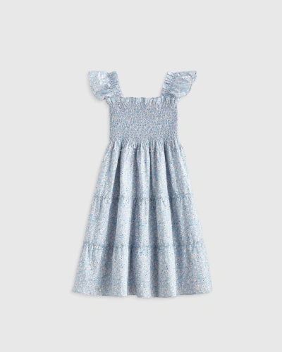 Quince Poplin Smocked Dress In Blue Ditsy Daisy