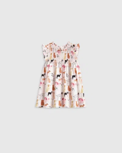 Quince Kids' Poplin Smocked Flutter Sleeve Dress In Pink Puppy Pals
