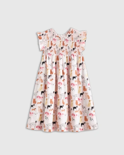 Quince Kids' Poplin Smocked Flutter Sleeve Dress In Pink Puppy Pals