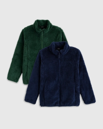 Quince Kids' Recycled Sherpa Fleece Jacket 2-pack In Forest Green/navy