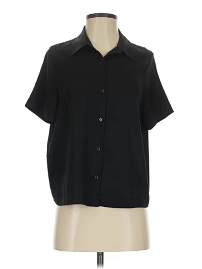 Pre-owned Quince Short Sleeve Silk Top Black Solid Pattern Collared Neckline Tops