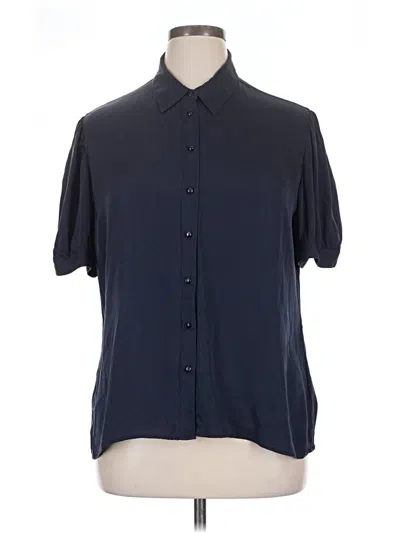 Pre-owned Quince Short Sleeve Silk Top Blue Solid Pattern Mock Neckline Tops