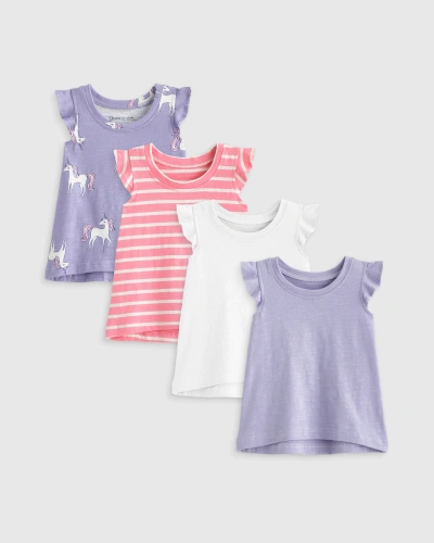 Quince Babies' Slub Flutter Sleeve T-shirt 4-pack In Lilac Unicorn/pink Stripe