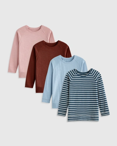 Quince Kids' Slub Long Sleeve T-shirt 4-pack In Dusty Rose/chocolate/blue