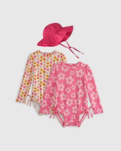 Quince Babies' Sunsafe Ruffle One-piece Rash Guard & Hat Set, Size 3t, Recycled Polyester In Pink Daisy/multi Daisy