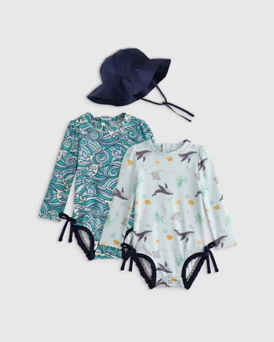 Quince Babies' Sunsafe Ruffle One-piece Rash Guard & Hat Set In Under The Sea/waves