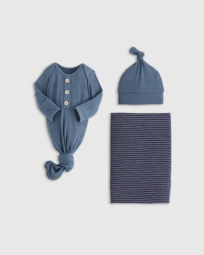 Quince The Softest Rib Gown, Hat & Swaddle Layette Bundle In Navy Stripe/blue