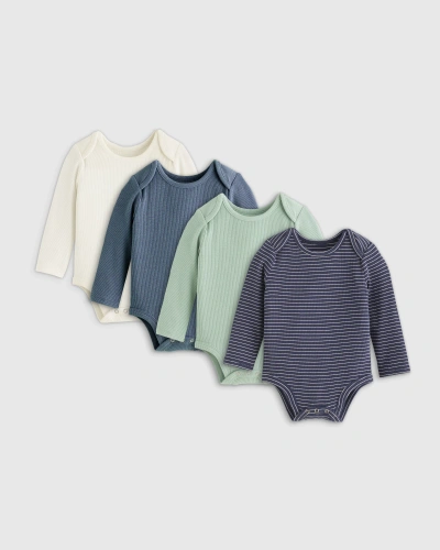 Quince The Softest Rib Long Sleeve Bodysuit 4-pack In Navy Stripe/blue/green