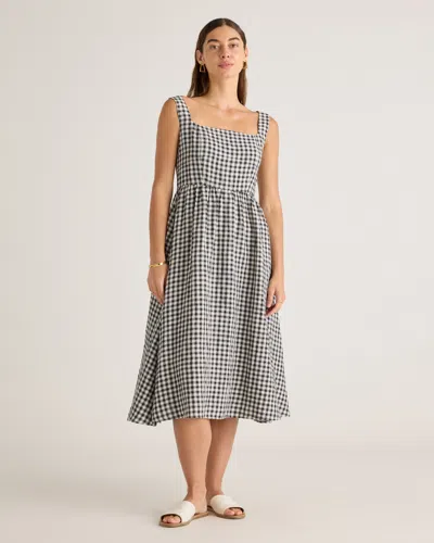 Quince Women's 100% European Linen Fit & Flare Midi Dress In Khaki / Black Gingham