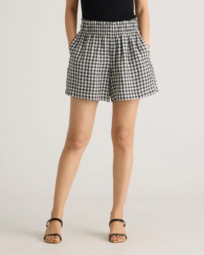 Quince Women's 100% European Linen High Waisted Short In Khaki / Black Gingham