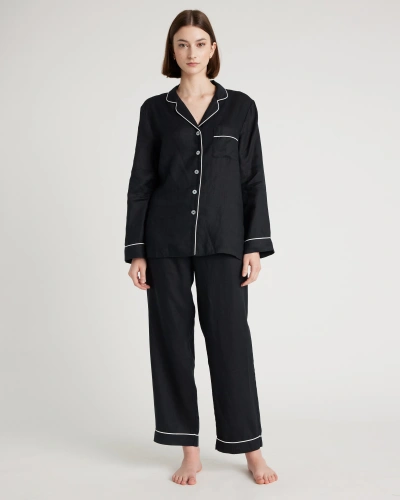 Quince Women's 100% European Linen Long Sleeve Pajama Set With Piping In Black