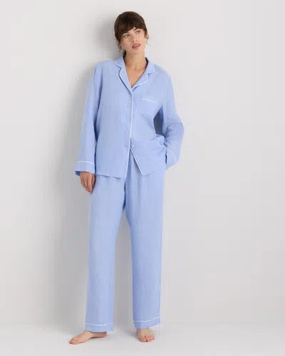 Quince Women's 100% European Linen Long Sleeve Pajama Set With Piping In Blue