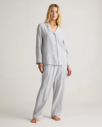 Quince Women's 100% European Linen Long Sleeve Pajama Set With Piping In Blue Pinstripe