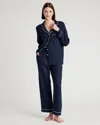 Quince Women's 100% European Linen Long Sleeve Pajama Set With Piping In Deep Navy