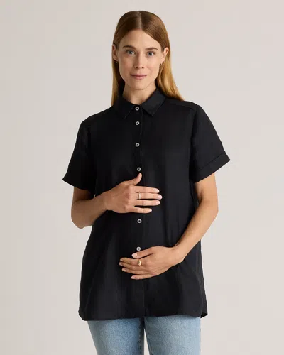 Quince Women's 100% European Linen Maternity & Nursing Short Sleeve Shirt In Black