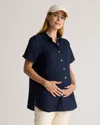 Quince Women's 100% European Linen Maternity & Nursing Short Sleeve Shirt In Deep Navy