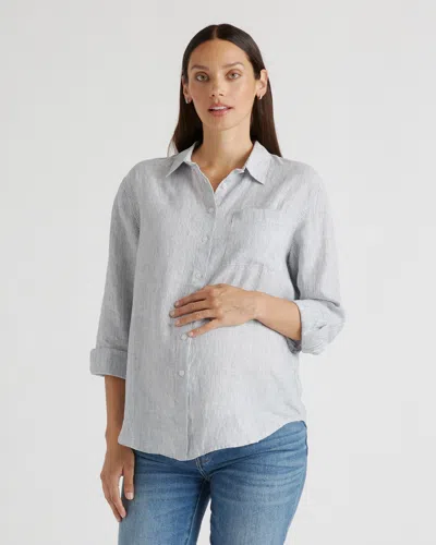 Quince Women's 100% European Linen Maternity Long Sleeve Shirt In Blue Pinstripe
