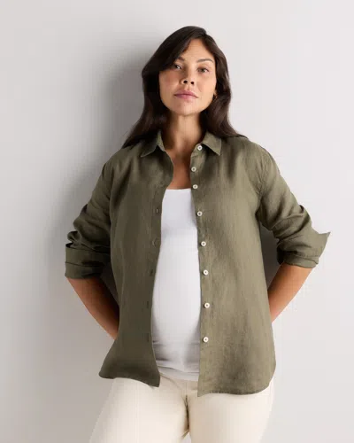 Quince Women's 100% European Linen Maternity Long Sleeve Shirt In Green