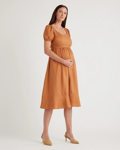 Quince Women's 100% European Linen Maternity Midi Dress In Terracotta