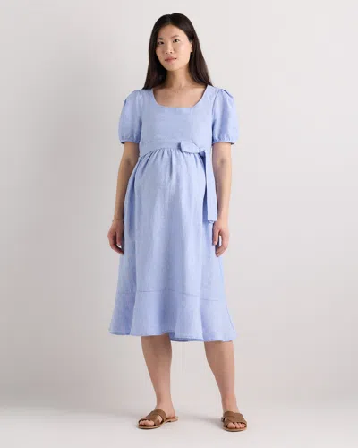 Quince Women's 100% European Linen Maternity Short Sleeve Midi Dress In Blue
