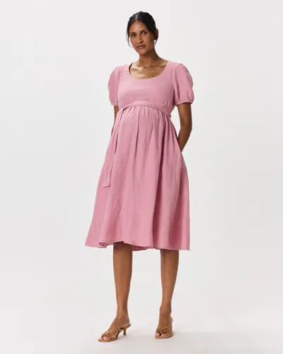Quince Women's 100% European Linen Maternity Short Sleeve Midi Dress In Purple