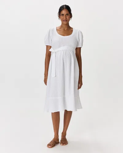 Quince Women's 100% European Linen Maternity Short Sleeve Midi Dress In White