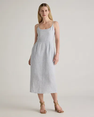 Quince Women's 100% European Linen Scoop Neck Midi Dress In Blue Pinstripe