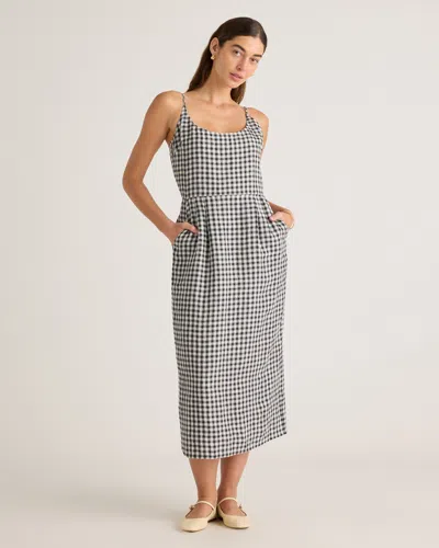 Quince Women's 100% European Linen Scoop Neck Midi Dress In Khaki / Black Gingham