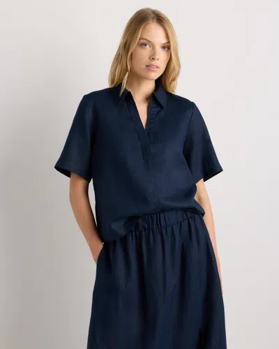 Quince Women's 100% European Linen Short Sleeve Popover Top In Blue