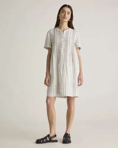 Quince Women's 100% European Linen Short Sleeve Swing Dress In Oatmeal / Black Stripe