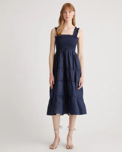 Quince Women's 100% European Linen Smocked Midi Dress In Deep Navy