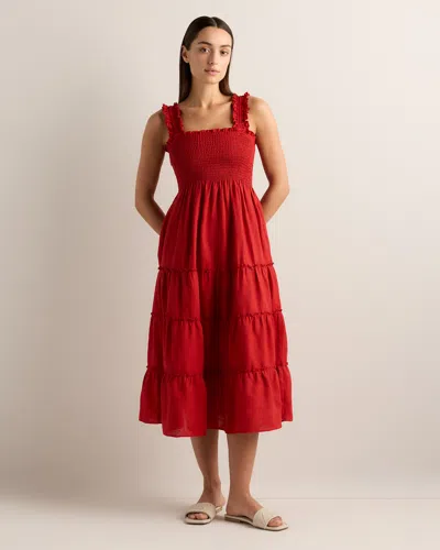 Quince Women's 100% European Linen Smocked Midi Dress In Red