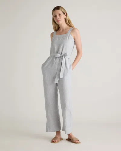 Quince Women's 100% European Linen Square Neck Jumpsuit In Blue Pinstripe