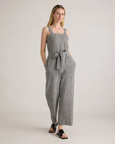 Quince Women's 100% European Linen Square Neck Jumpsuit In Khaki / Black Gingham