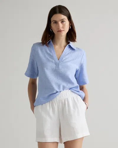 Quince Women's 100% Linen Short Sleeve Popover Top In Blue