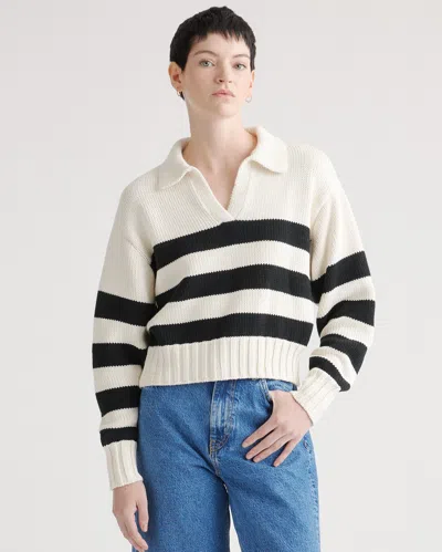 Quince Women's 100% Organic Cropped Cotton Polo Sweater In Offwhite/black Stripe