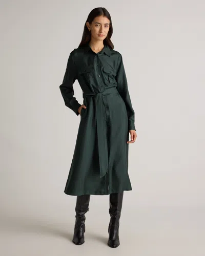 Quince Women's 100% Silk Twill Utility Shirt Dress In Forest Green