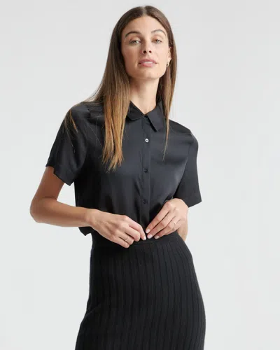 Quince Women's 100% Washable Silk Stretch Short Sleeve Blouse In Black