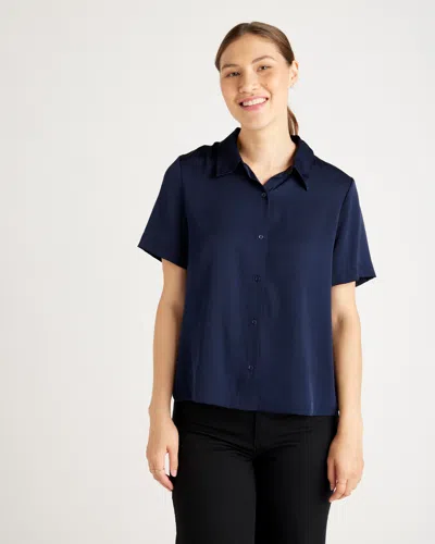 Quince Women's 100% Washable Silk Stretch Short Sleeve Blouse In Navy