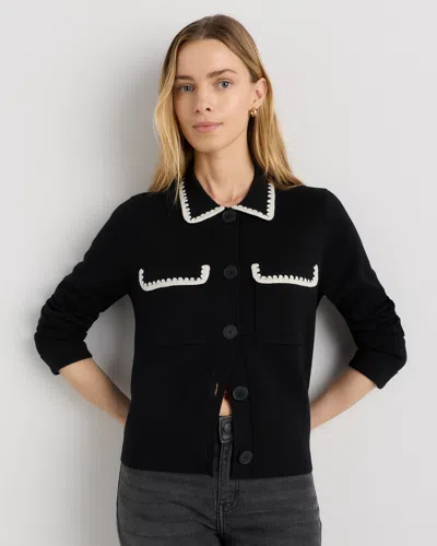 Quince Women's Australian Merino Wool Crochet Trim Sweater Jacket In Black