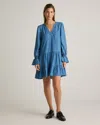 Quince Women's Chambray Tencel Tiered Long Sleeve Mini Dress In Medium Indigo