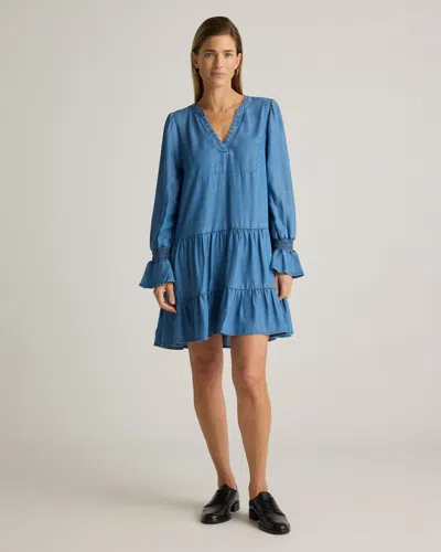 Quince Women's Chambray Tencel Tiered Long Sleeve Mini Dress In Medium Indigo