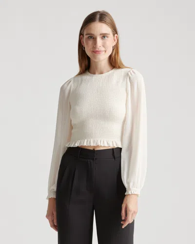 Quince Women's Chiffon Cropped Smocked Blouse In Ivory