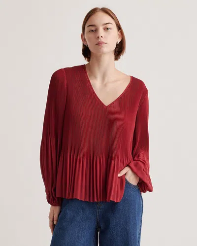 Quince Women's Chiffon Pleated V-neck Blouse In Bright Burgundy
