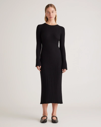 Quince Women's Cotton Cashmere Ribbed Long Sleeve Crew Midi Dress In Black