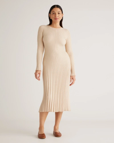 Quince Women's Cotton Cashmere Ribbed Long Sleeve Crew Midi Dress In Heather Oatmeal