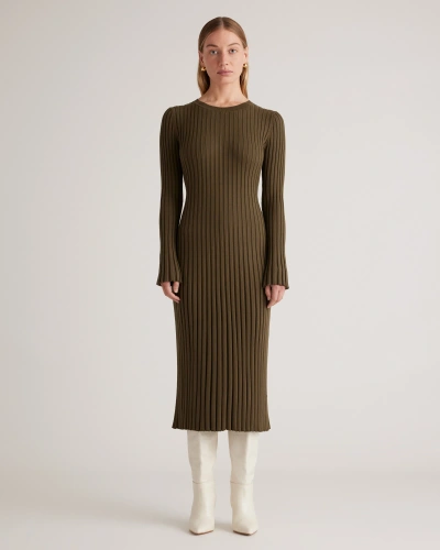 Quince Women's Cotton Cashmere Ribbed Long Sleeve Crew Midi Dress In Olive