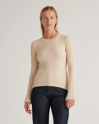 Quince Women's Cotton Cashmere Ribbed Long Sleeve Sweater In Heather Oatmeal
